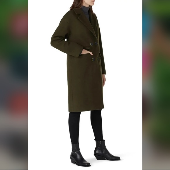 Olive Green Button Front Double Breasted Notch Lapel Coat Size Large - Picture 6 of 10